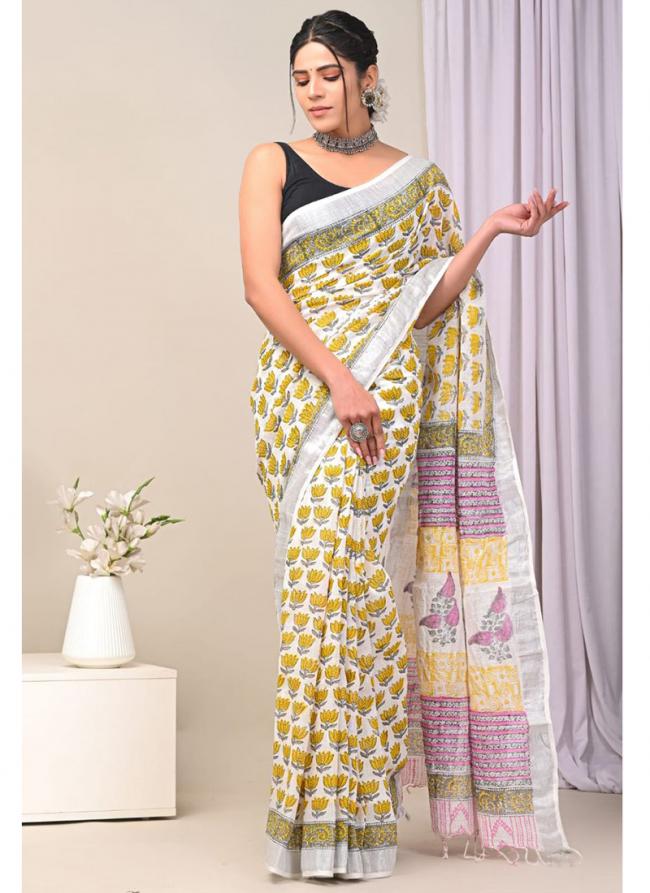 Cotton  Light Yellow Daily Wear Printed Saree